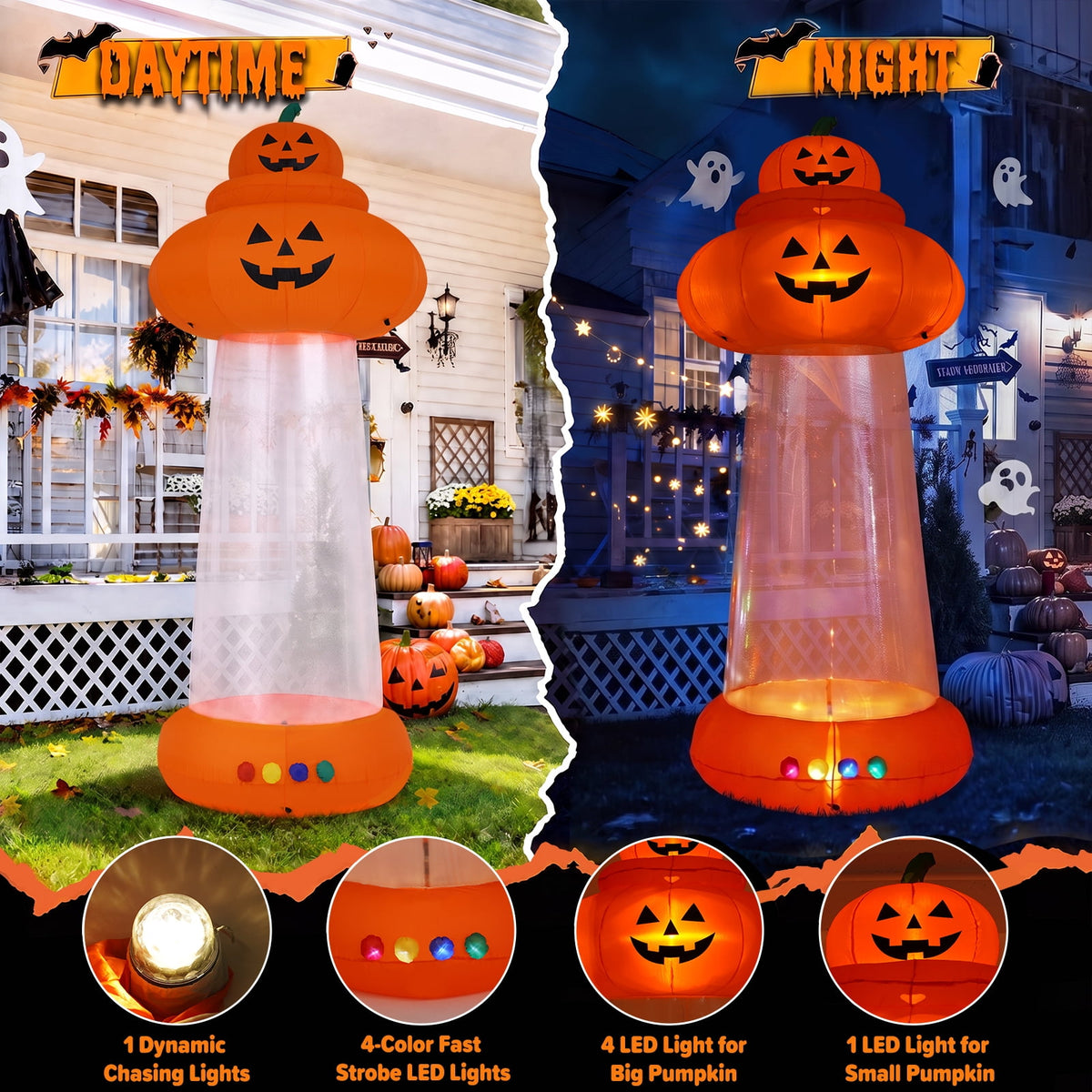 BSHAPPLUS® 9ft Halloween Inflatable Decorations,Blow up Yard Decor with Auto-Scaling Ghost in Pumpkin, Witch, Tombstone,Black Cat,Built-in LED,IP44 Waterproof for Outdoor Lawn Garden Party