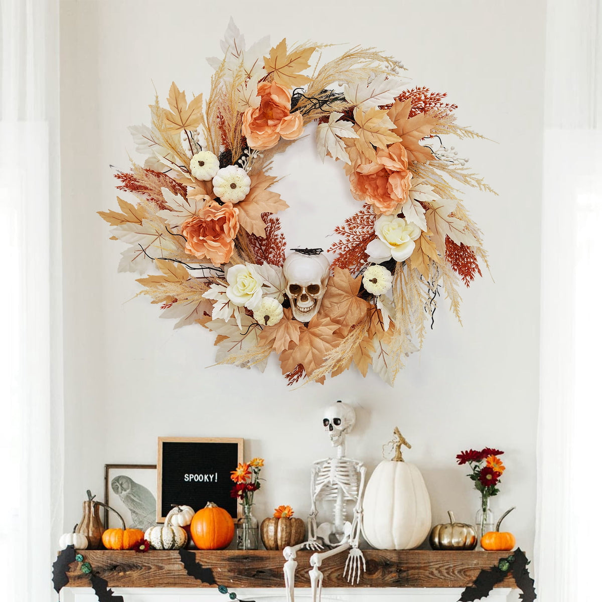 Prelit Halloween Wreath 22 Inch with Bone and Pumpkin Decor Maple Leaves Roses Spooky Fall Indoor Outdoor Wall Porch Window Front Door Decoration