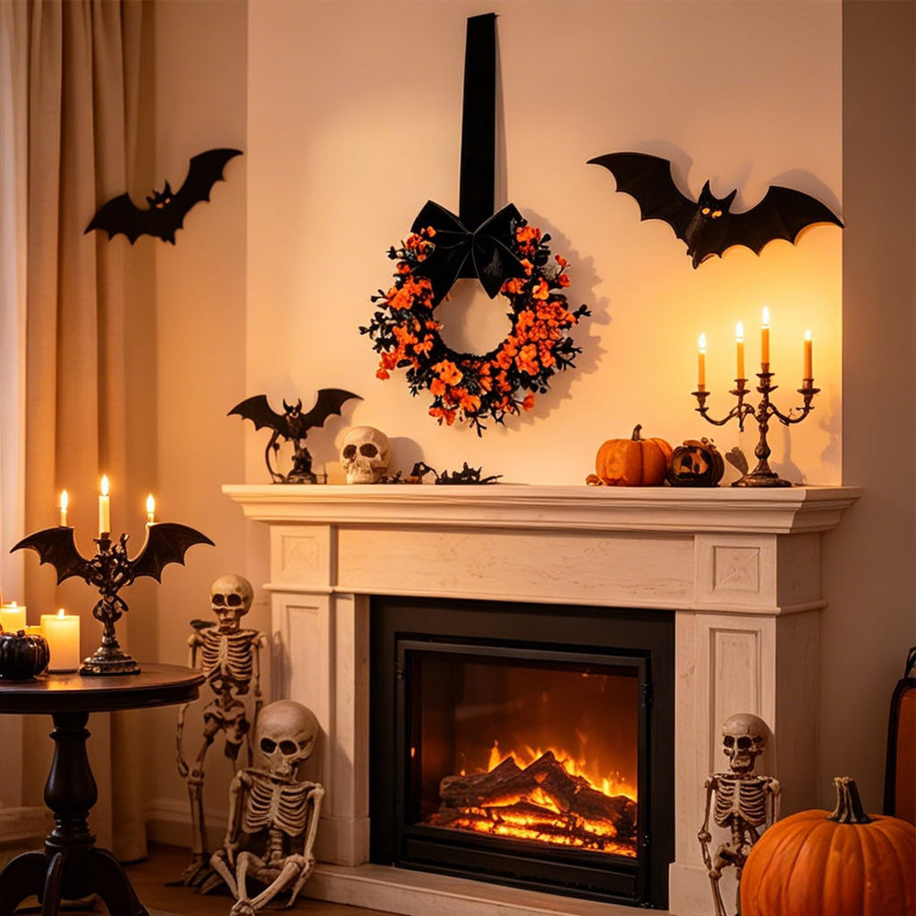 Mini Halloween Wreath, 8.6 Inch Artificial Black Grapevine Wreath with Velvet Bow for Cabinet, Window, Wall and Tabletop Gothic Decor
