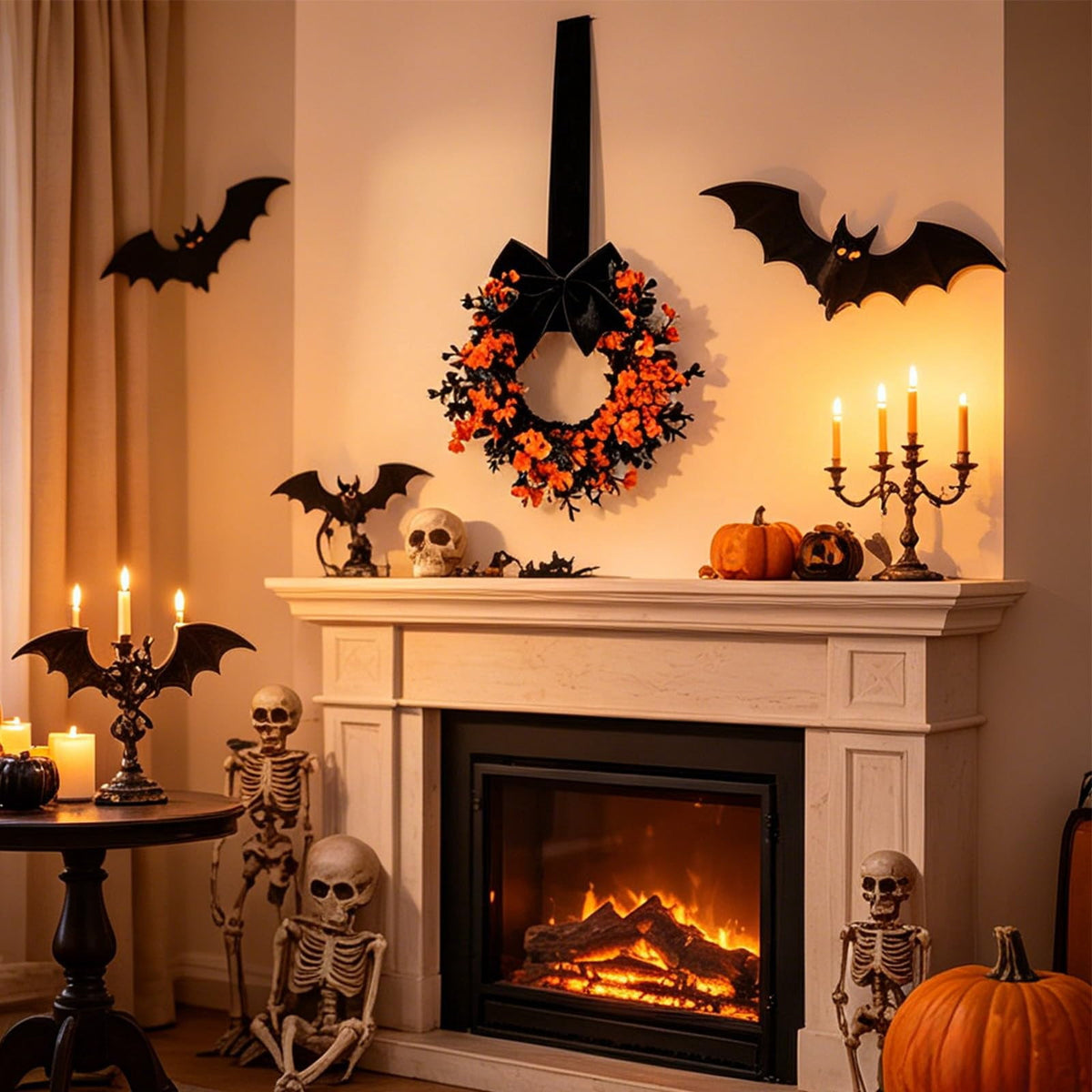 Mini Halloween Wreath, 8.6 Inch Artificial Black Grapevine Wreath with Velvet Bow for Cabinet, Window, Wall and Tabletop Gothic Decor