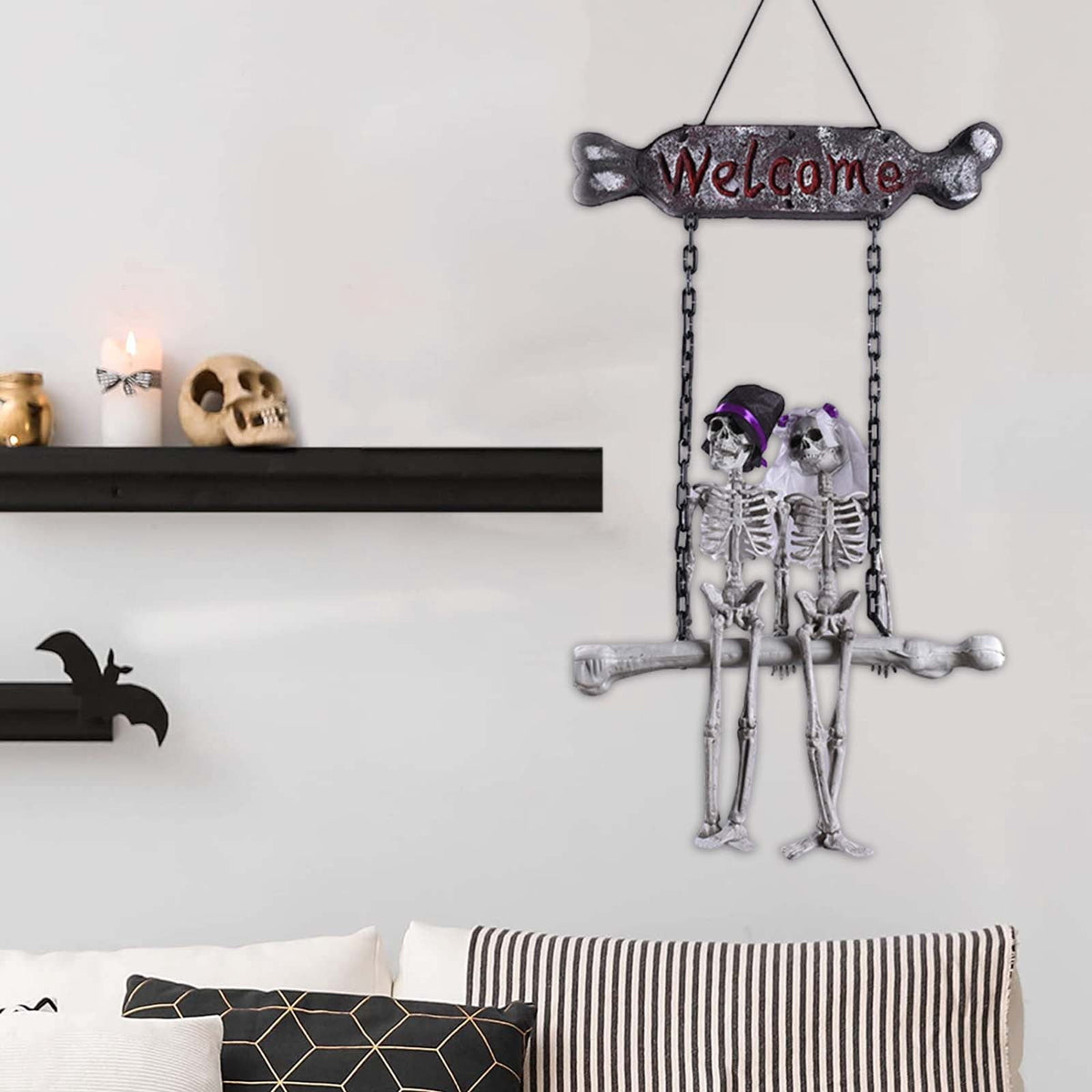Life Size Halloween Skeleton Decor - Hanging Skeleton Couple Figurine with Realistic Bone Details Spooky Wedding Theme Decorations for Front Door, Porch, Living Room, Bedroom Halloween Party