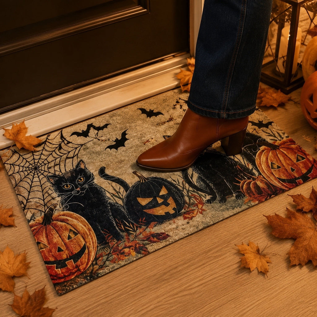 Halloween Dog Door Mat 16x24", Golden Retriever Ghost Pumpkin Welcome Rug for Porch, Halloween Outdoor Decorations