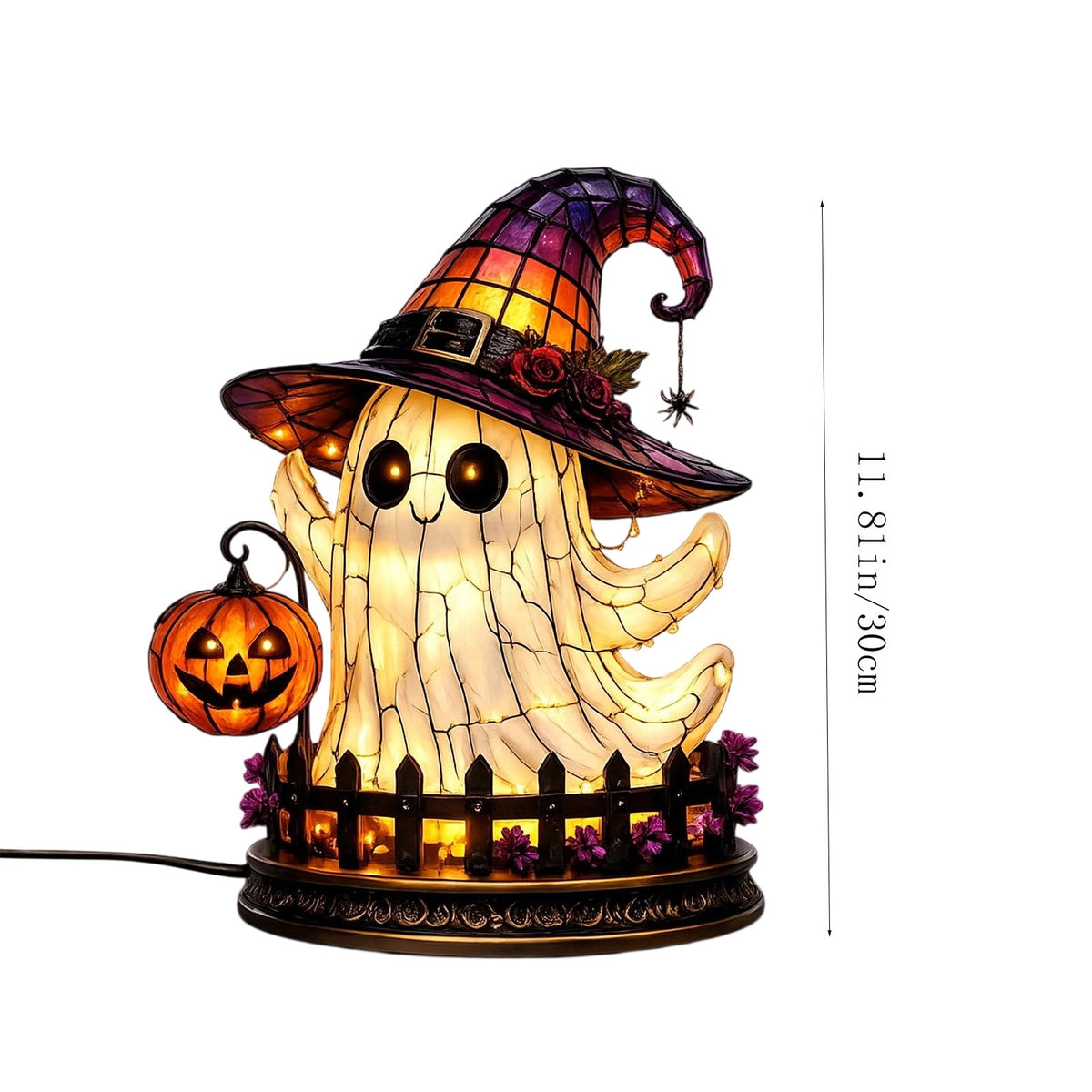 Halloween Lighted Witch Cauldron Decor Lamp, Stained Glass Witch Hat Magic Pot Night Light with Pumpkin & Potion Bottle Details, Spooky Vintage Tabletop Ornament for Mantel Living Room Party