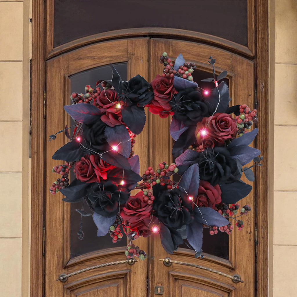 Halloween Decorative Wreath With Lights for Front Door,Black Red Rose Wreaths,15" Berries Wreaths Decor with Black Leaves Garland Ornament for Wall,Porch,Window,Indoor Outdoor Halloween Accessories