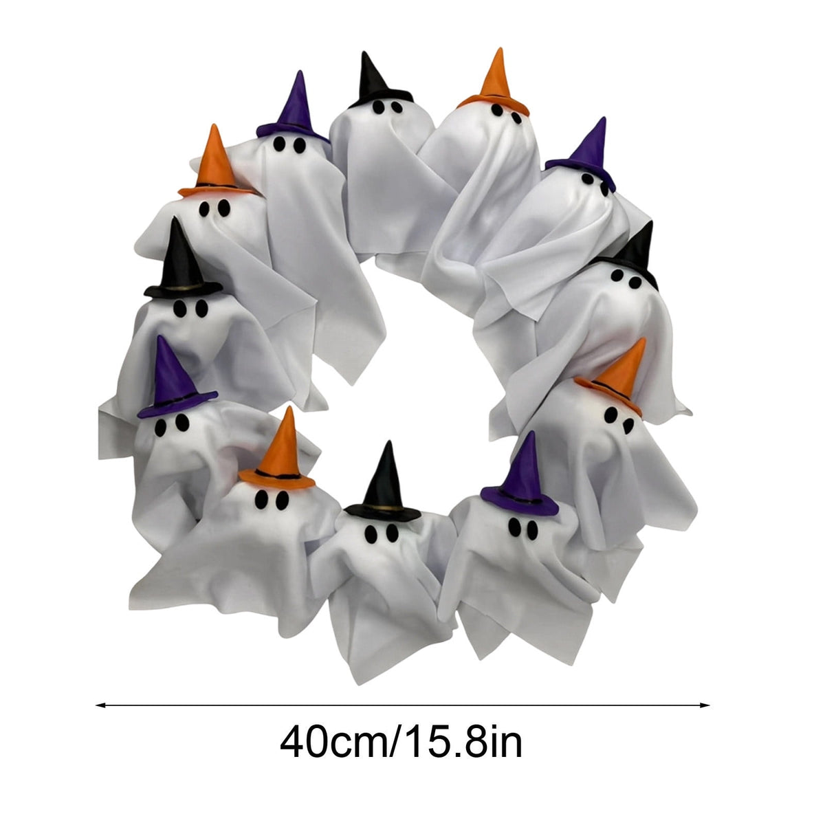 Light Up Ghost Wreath with Witch Hats, 15.7" Halloween Fabric Ghost Front Door Wreath, LED Glowing Spooky Ghost Hanging Wreath for Porch Wall Indoor Party Decorations