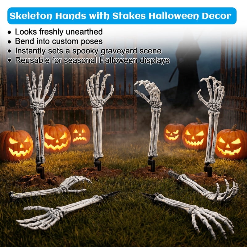 DUNCHATY 12 Pack Posable Life Size Skeleton Hands with Stakes – Realistic Halloween Outdoor Lawn Decor for Haunted House, Graveyard, Yard & Goth Party