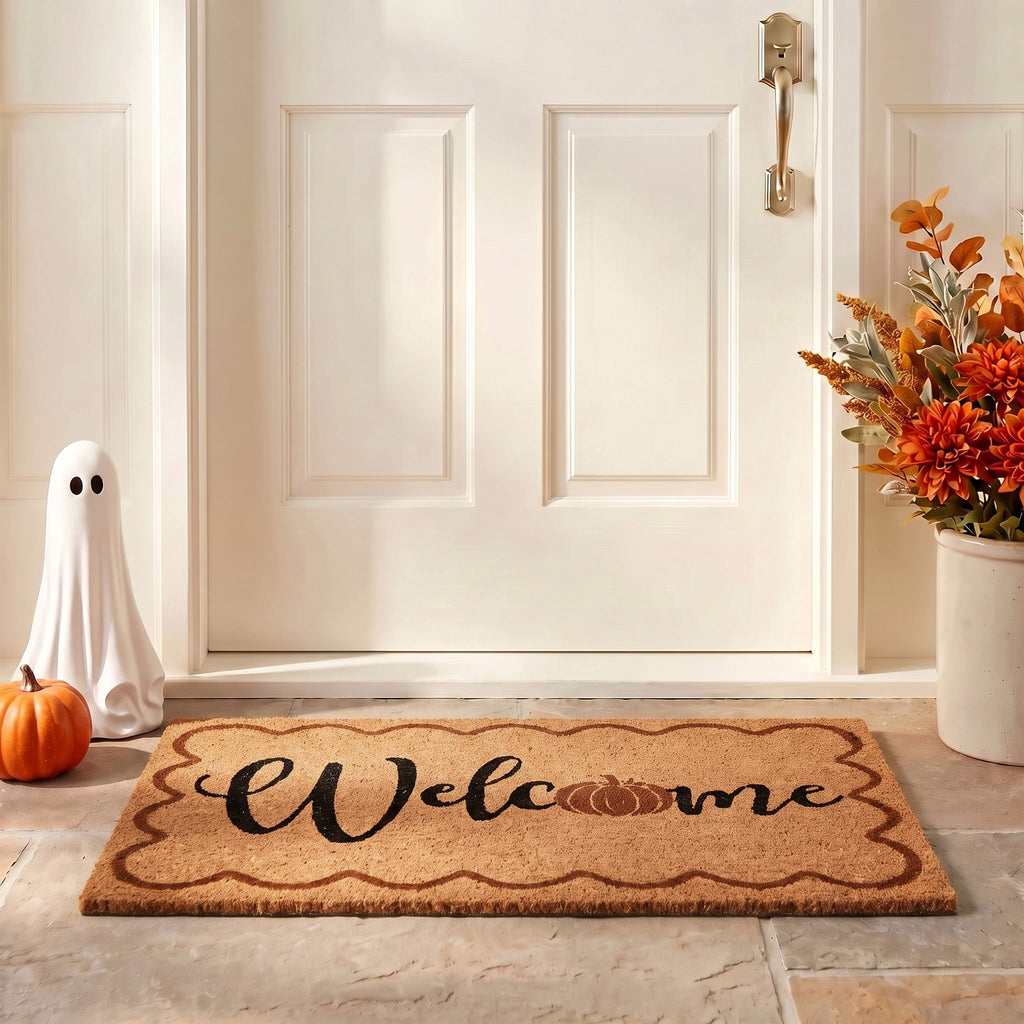 My Texas House Halloween Natural/Multicolor Pumpkin Welcome Outdoor Coir Doormat, 30" x 48"