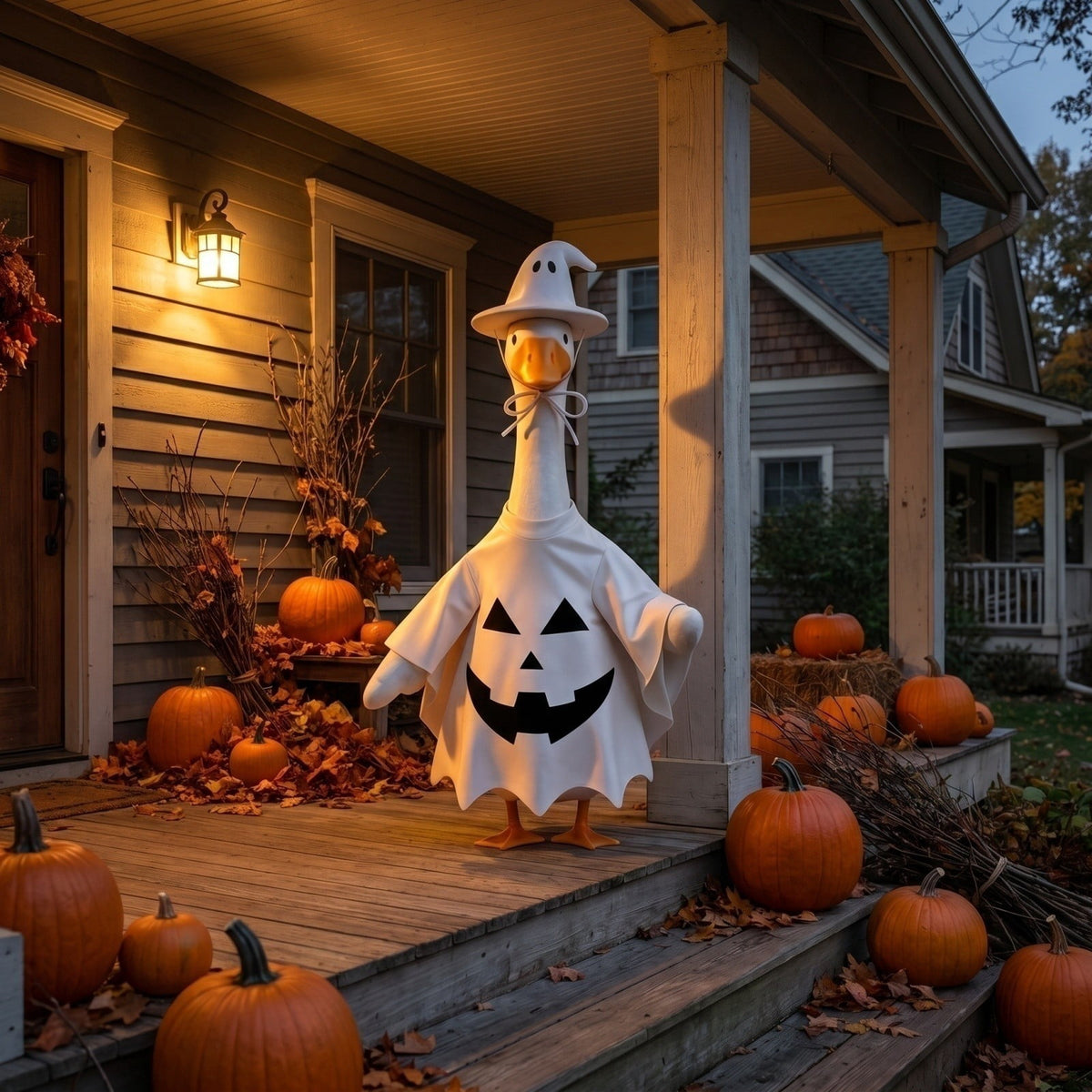 Halloween Ghost Porch Goose Outfit Fits 23 Inch Cement Lawn Goose Statue Pumpkin Face Ghost Costume with Matching Witch Hat for Fall Outdoor Garden Yard Patio Holiday Decor