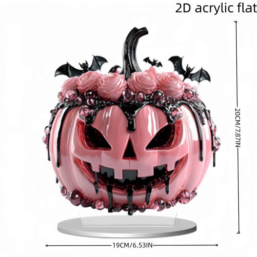 XIA0LE Pink Jack O Pumpkin Figurine With Pink Roses Black Bat Decor Plaque Decoration, Gothic Pink Pumpkin Statue, Spooky Cute Halloween Tabletop Mantel Home Decor Ornament