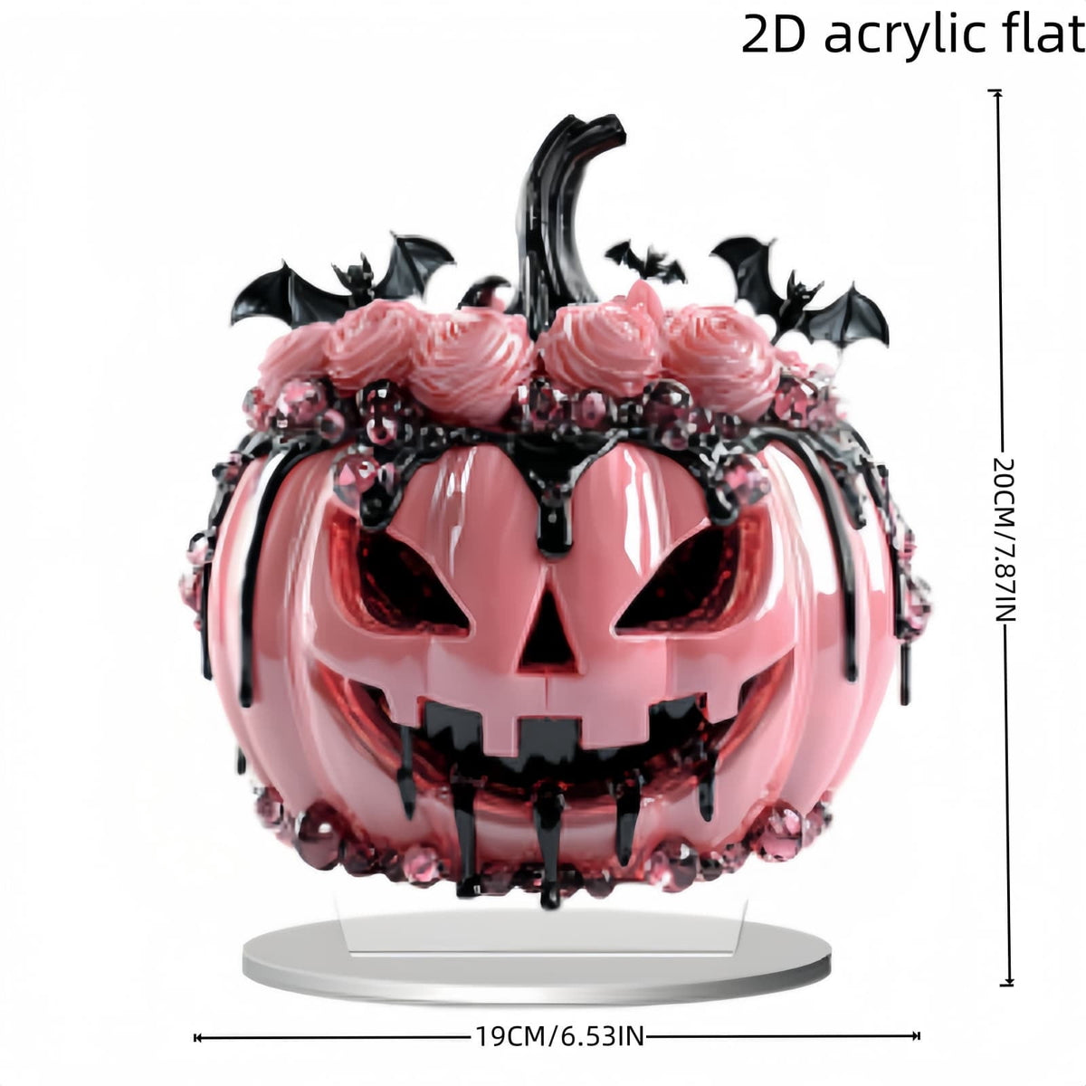 XIA0LE Pink Jack O Pumpkin Figurine With Pink Roses Black Bat Decor Plaque Decoration, Gothic Pink Pumpkin Statue, Spooky Cute Halloween Tabletop Mantel Home Decor Ornament