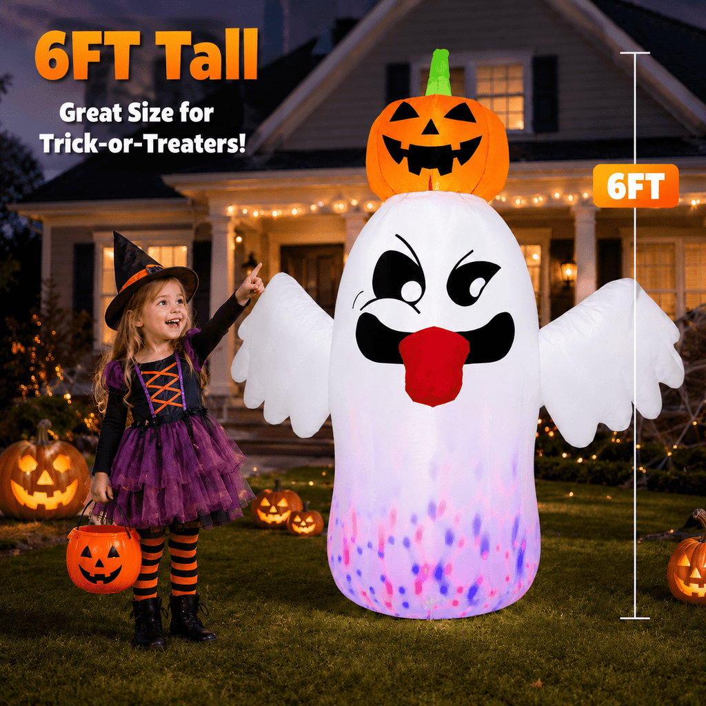 BEEPRINCESS 6 FT Halloween Inflatable Ghost with Pumpkin Head, Light-Up RGB LED Blow Up Yard Decoration