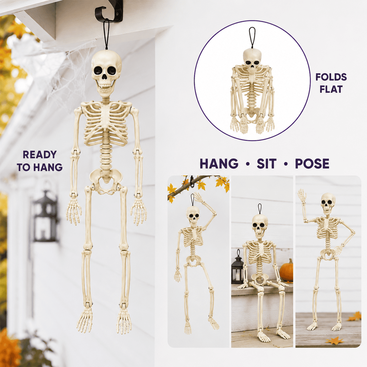 LOMYOLO 4 Pack Halloween Skeleton Decorations, 16 Inch Posable Hanging Skeletons with Movable Joints for Halloween Party, Haunted House, Graveyard, Yard, Porch, Indoor Outdoor Holiday Decorations