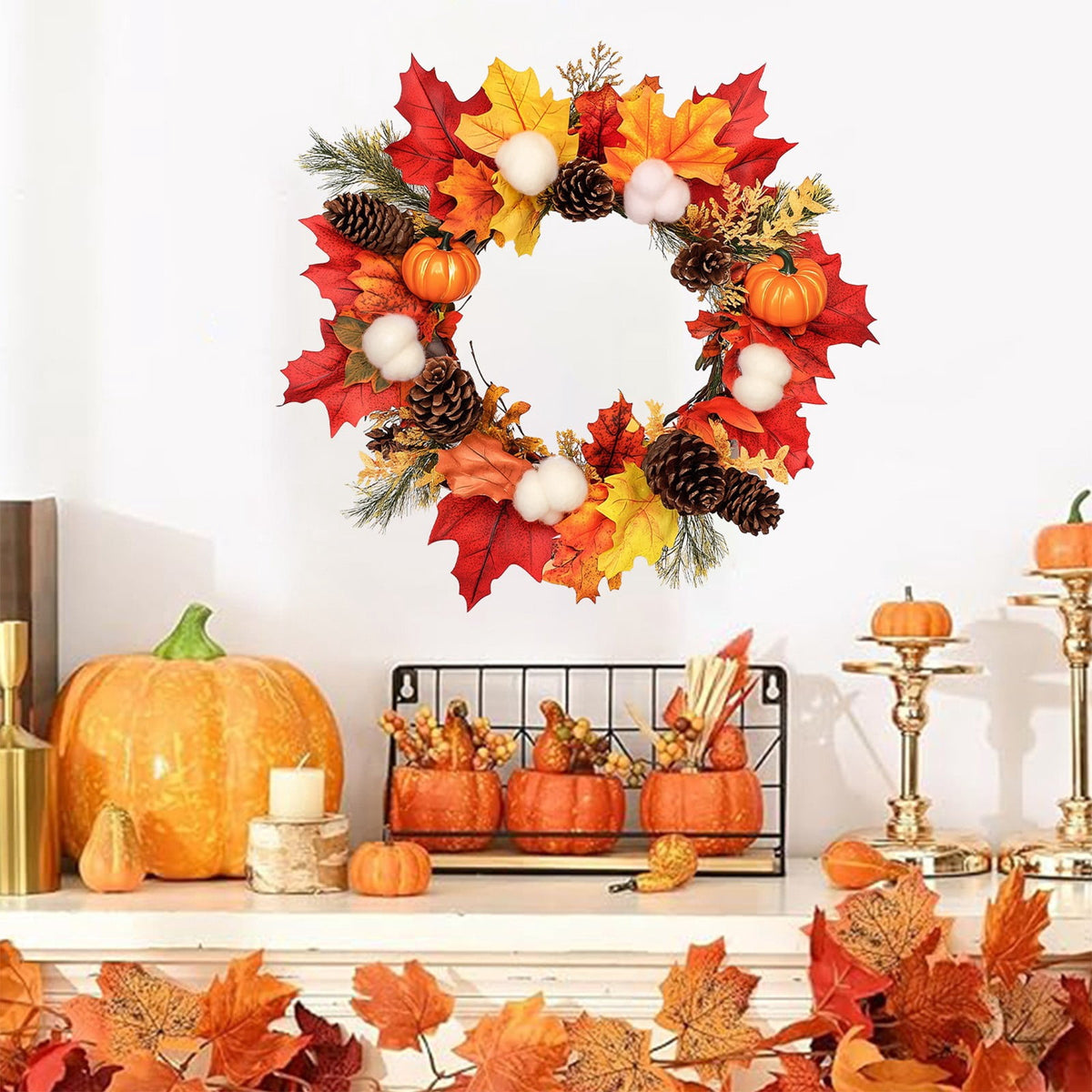 Halloween Thanksgiving Fall Wreath with Pumpkin, Berries, Pine Cones and Maple Leaves, Indoor Outdoor Door Wall Hanging Decor for Home, Party and Seasonal Celebration