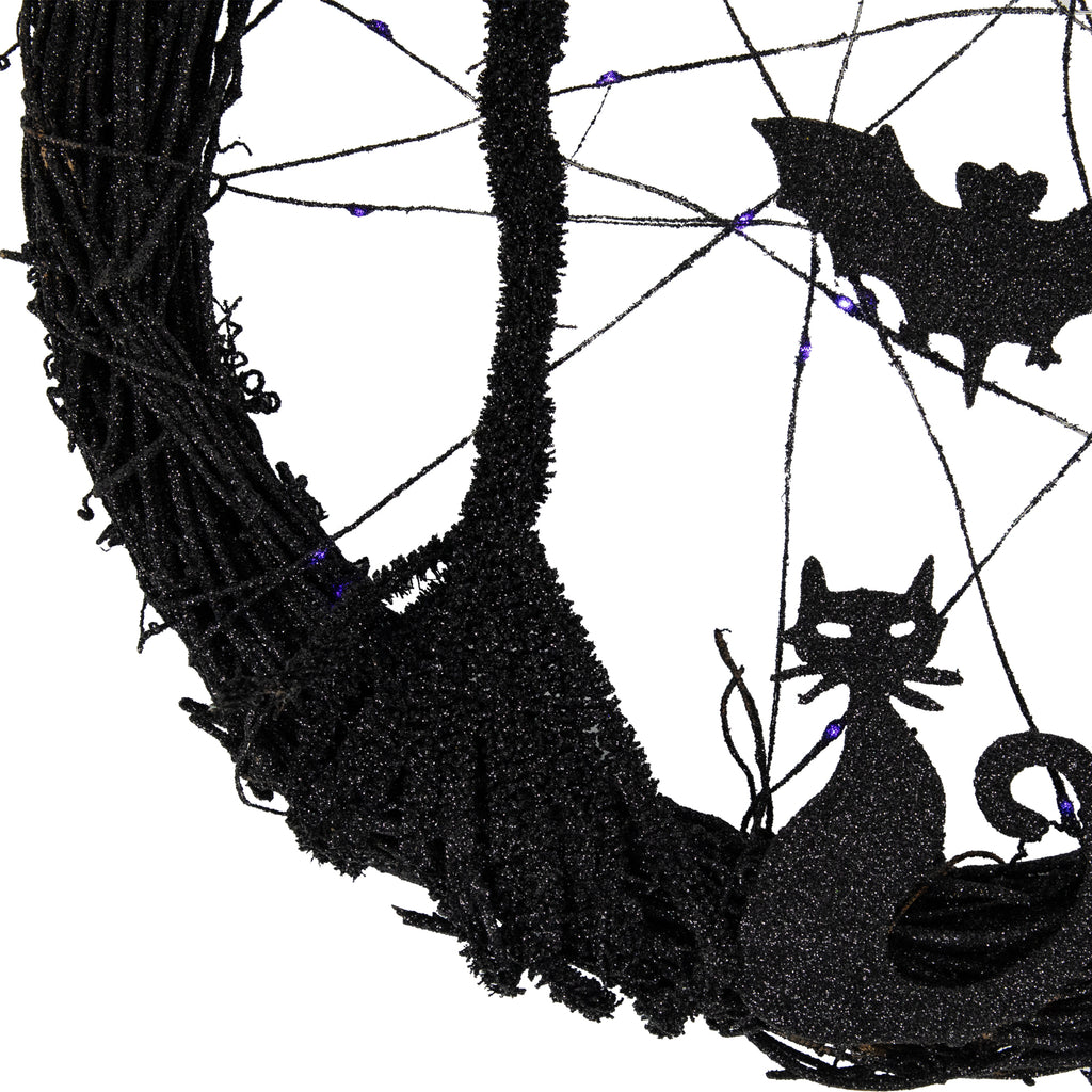 Northlight LED Lighted Black Twig and Bats Small Halloween Wreath - 13" - Purple Lights