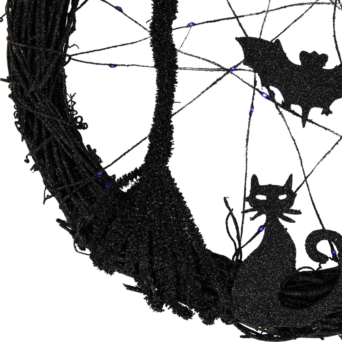 Northlight LED Lighted Black Twig and Bats Small Halloween Wreath - 13" - Purple Lights