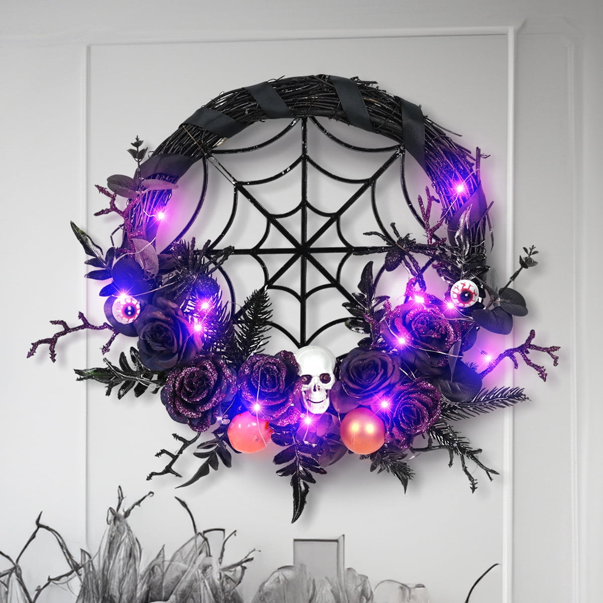 CASAFUN Halloween Wreath for Front Door 15 Inch Black Spider Web and Horror Skull Fake Flowers Ornamnets Scary Halloween Decor Spooky Home Party Fireplacce Window Wall Hanging Decor