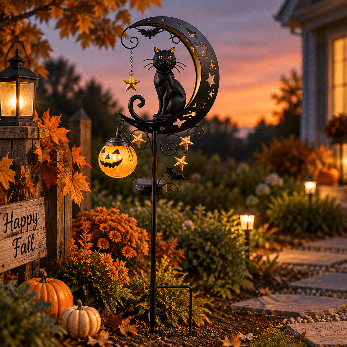 Halloween Crescent Moon Pumpkin Solar Stake Light, Star Hollow Cutout Ground Lamp, Anti Rust Halloween Decorations Party for Yard Walkway black