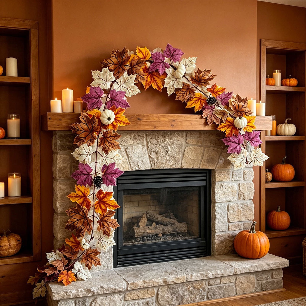 Chmadoxn 78.74" Halloween Thanksgiving Maple Leaf Garland with Mini Pumpkins & Berries, Artificial Fall Leaves Vine for Mantel Staircase Porch, Autumn Harvest Hanging Home Decor