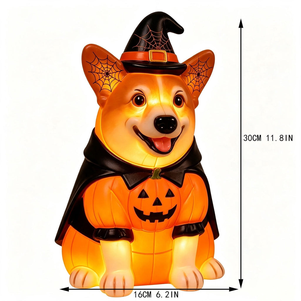 Clearance! Halloween Light‑Up Dog Figurine, 7.9in Scarecrow Dog Statue with Glowing Pumpkin, Waterproof Resin Table Yard Decor