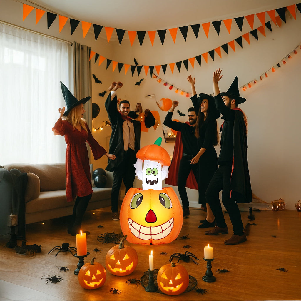 UBesGoo 2.8' Halloween Inflatables Animated Pumpkin Ghost, Outdoor Decorations Blow Up Yard Decor Built-in LEDs for Indoor Party Garden Lawn Decor