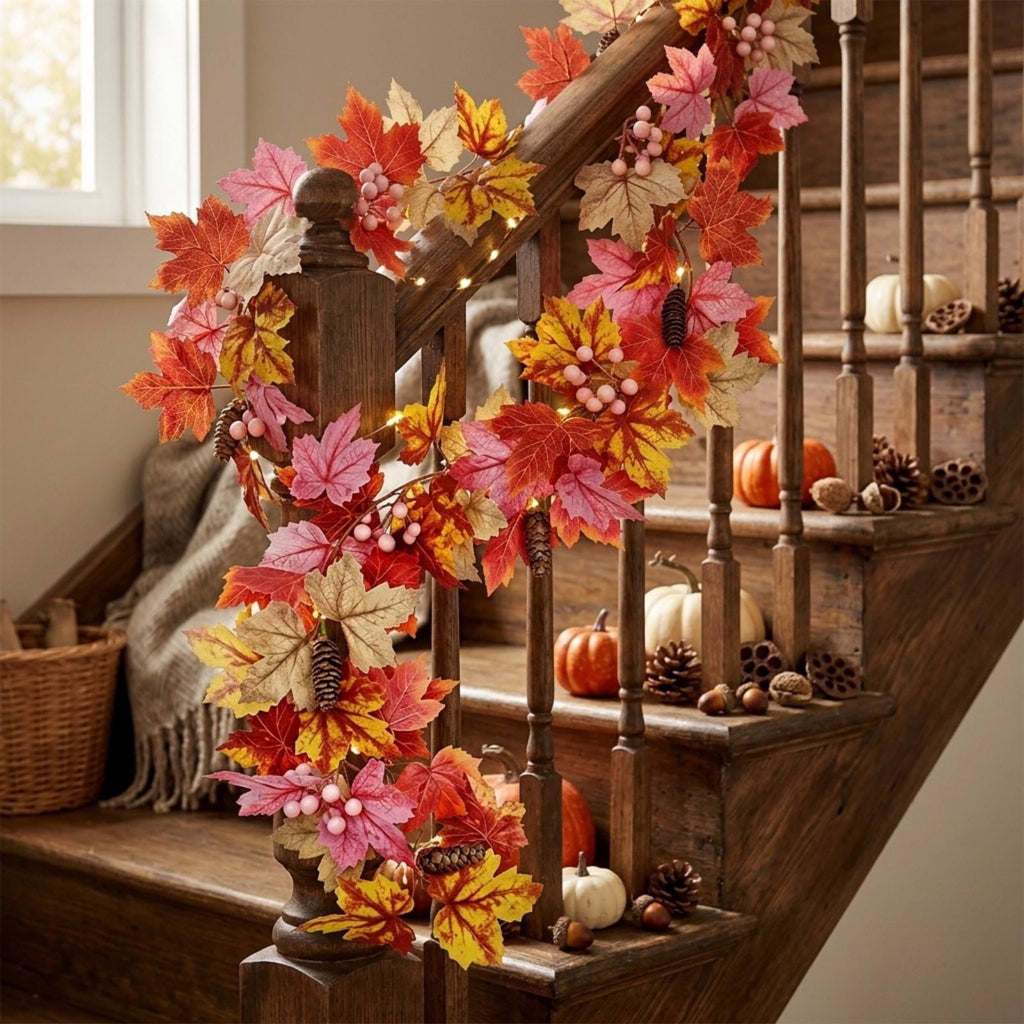 Chmadoxn 78.74" Halloween Thanksgiving Maple Leaf Garland with Mini Pumpkins & Berries, Artificial Fall Leaves Vine for Mantel Staircase Porch, Autumn Harvest Hanging Home Decor