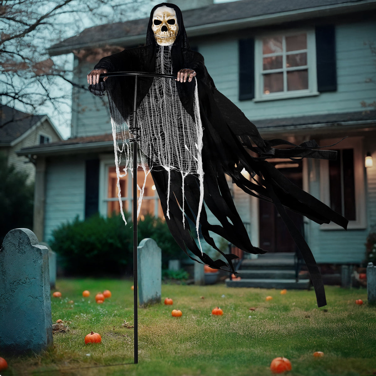 Joyfy Halloween Decorations Outdoor, 72"(6ft) Light Up Animated Scary Decorations Pumpkin Ghost with Sound Activation,Animatronics Pumpkin Decorations for Haunted House Prop Yard Decor