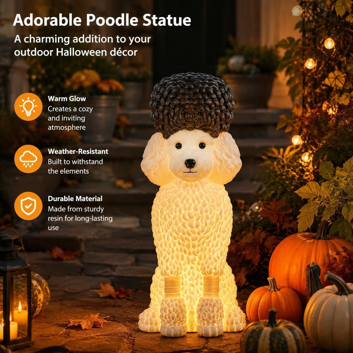 Clearance 7.8" Lighted Poodle Dog Figurine - Resin Warm Glow Statue with Dark Top Knot, Battery Operated Night Light, Cute Tabletop Decor for Home, Nursery, and Pet Lovers