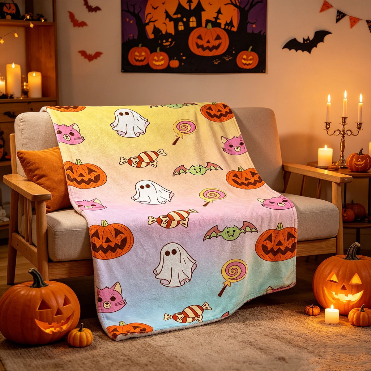 Halloween blanket,Halloween Print Throw Blanket Flannel Soft Cozy Decorative Nap Blanket with Ghost Pumpkin Skull for Office Bedroom Sofa Camping Travel(100x150cm/39x59 Inch),Black