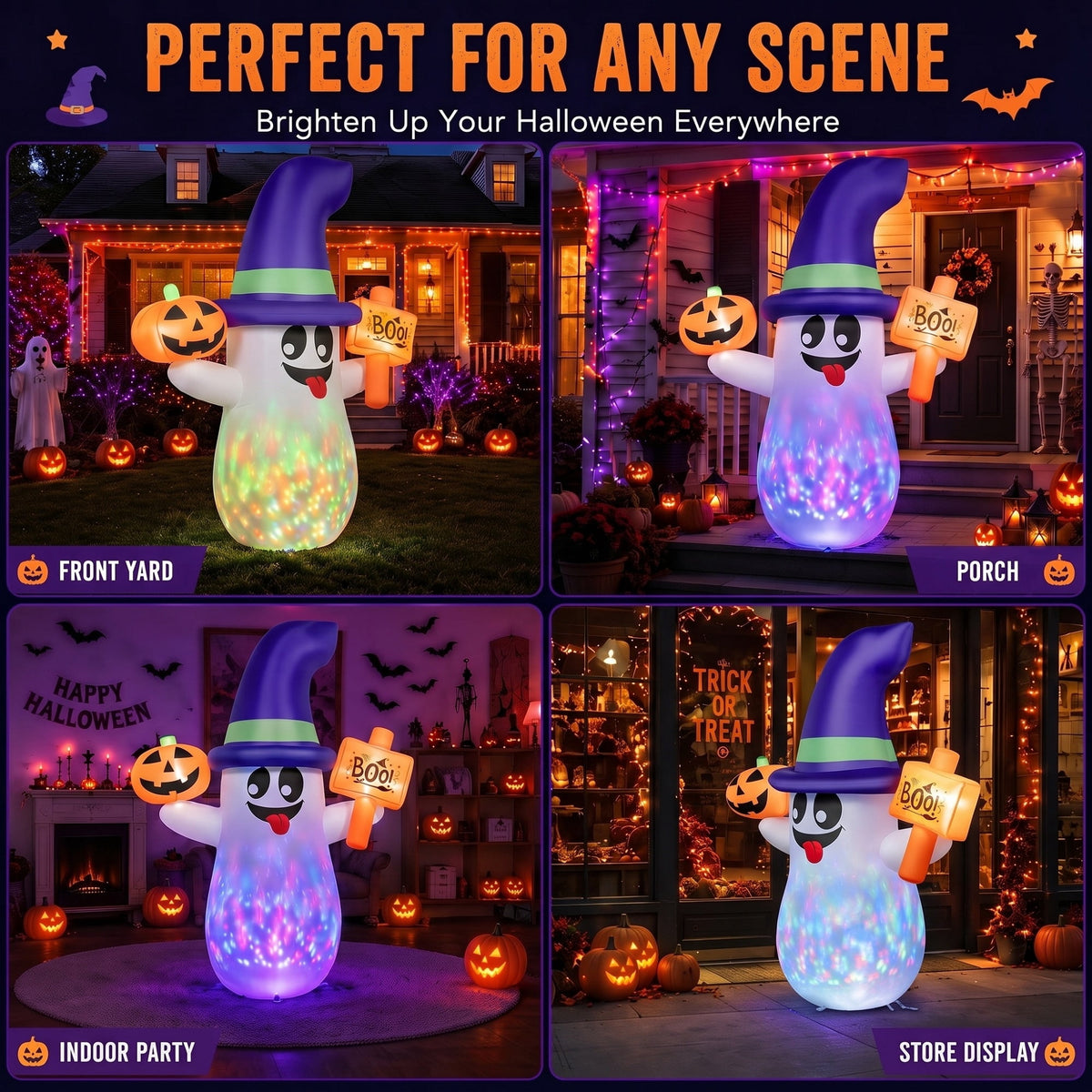 5ft Halloween Inflatable Ghost with Rotating Colorful LED Lights, Blow Up Ghost with Pumpkin & Boo Sign, Outdoor Halloween Yard Decoration for Lawn, Porch, Front Yard