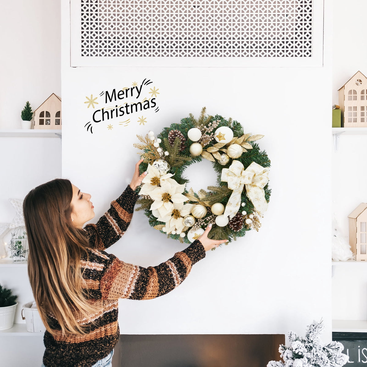 JoanKaren 24 inch Large Christmas Wreath Silver White with 20 LED Lights,Prelit Xmas Wreath w/ Ball Ornaments Pine Cone