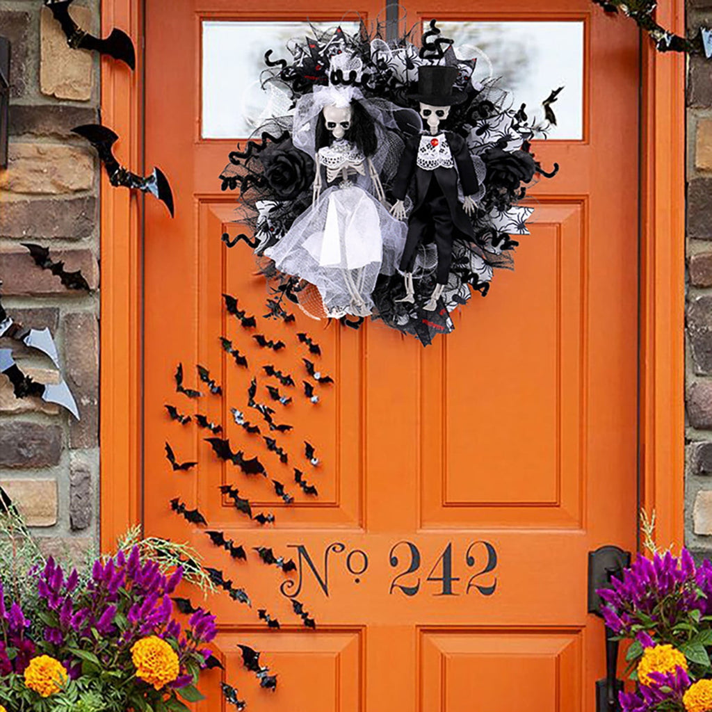 SWSUSN Halloween Creepy Wreath For Front Door 16 Inch Artificial Plastic Skeleton Bride And Groom Wreath Halloween Gothic Wreath Hanging Decoration For Home Party Halloween Front Porch Wreath
