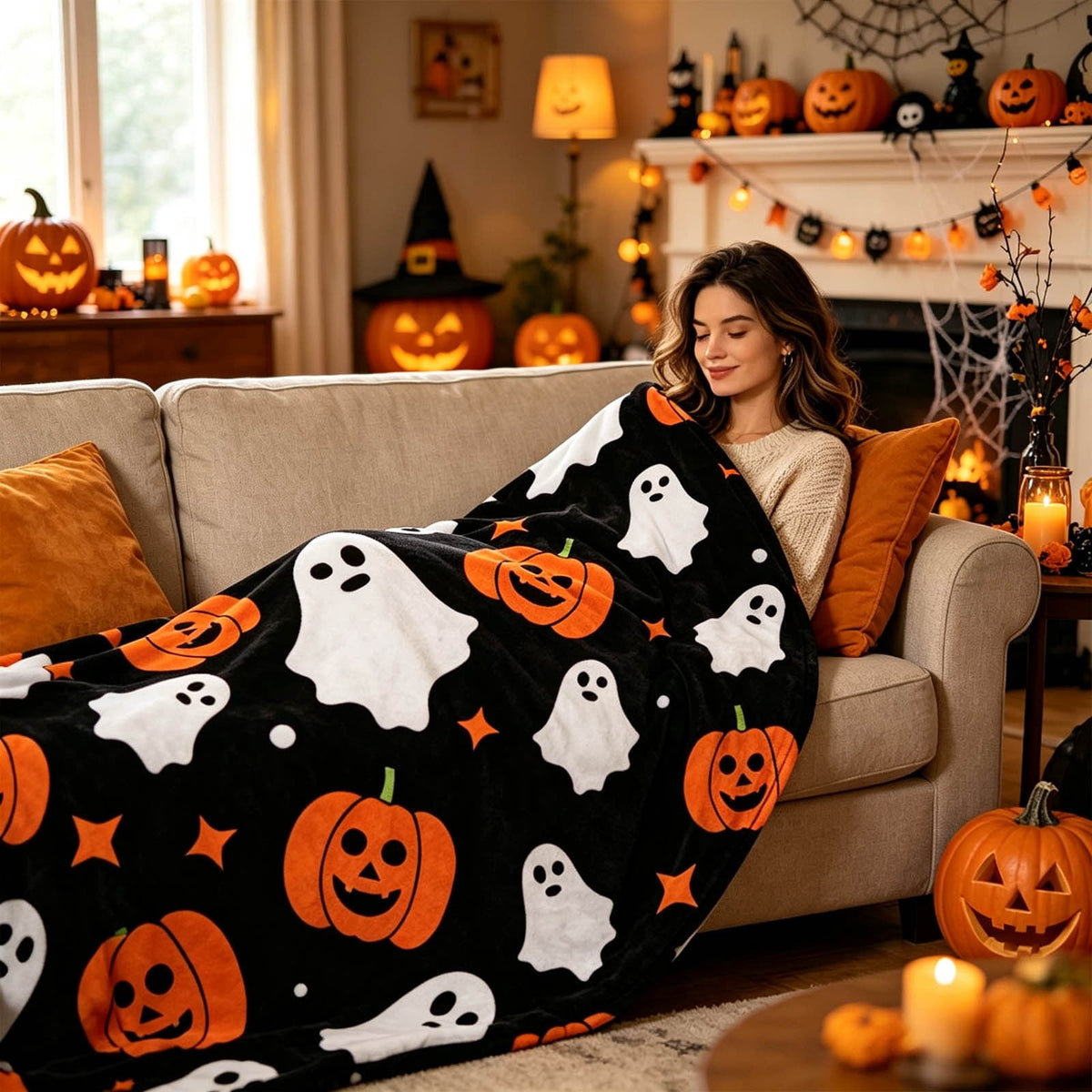 Halloween blanket,Halloween Print Throw Blanket Flannel Soft Cozy Decorative Nap Blanket with Ghost Pumpkin Skull for Office Bedroom Sofa Camping Travel(100x150cm/39x59 Inch),Black