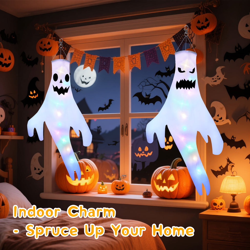 Qoosea 2 pack Hanging Ghosts Halloween Decor 4.26ft Large Glowing LED Ghost Lights Windsock Halloween Decorations Outdoor Indoor, 3 Lighting Modes