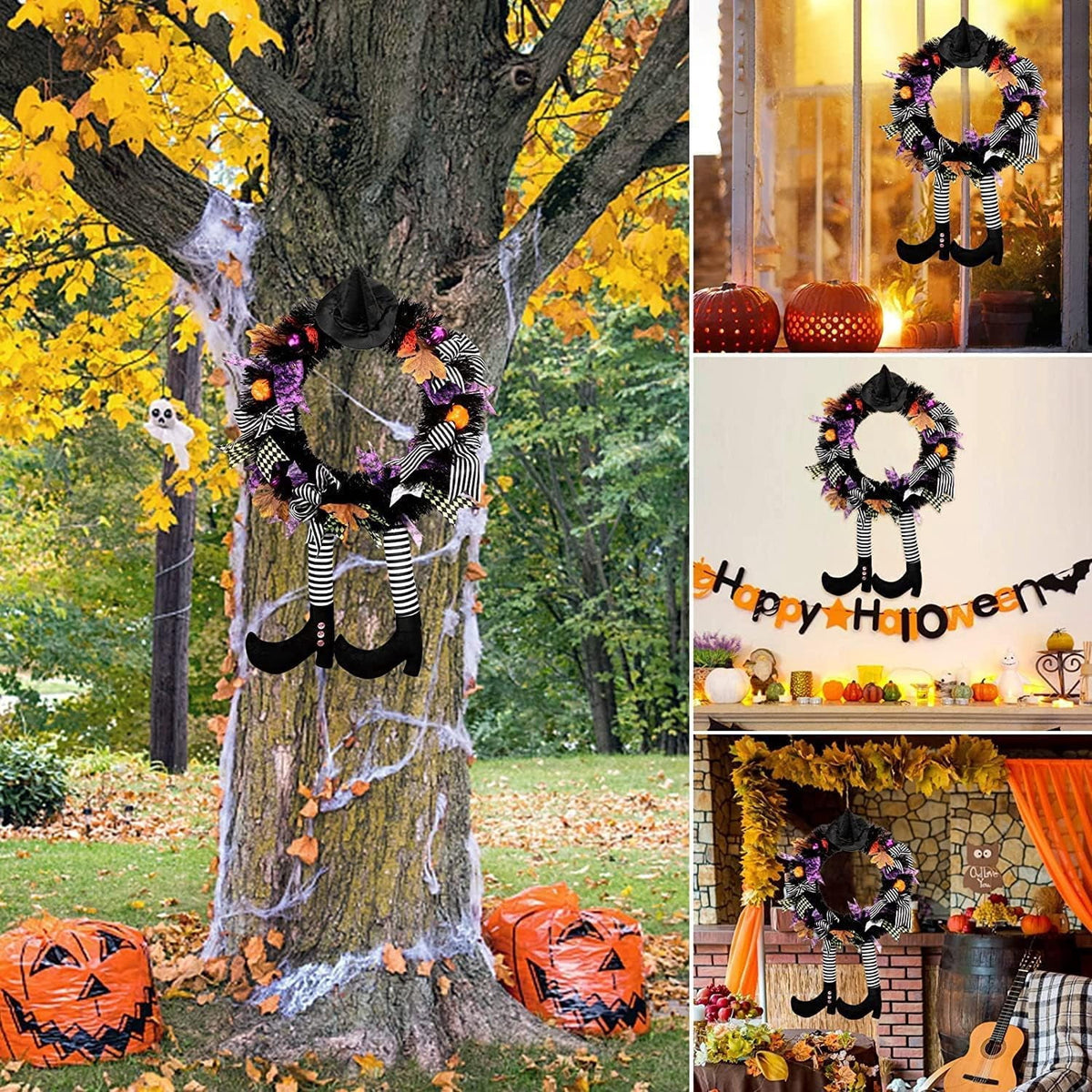 Halloween decorations,Halloween Wreath Front Door,24'' Witch Wreath,Witch's Hat And Legs Hanging Leg Pumpkin Maple Leaf Decor Unique Decoration,halloween decorations for Door or Interior Wall Decor