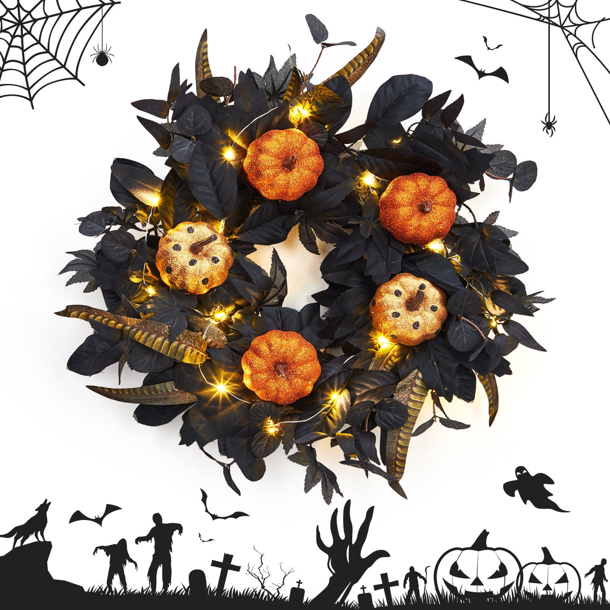 Festisoul Halloween Pumpkin Wreath for Front Door, 18'' Fall Wreath, Rattan Bottom Halloween Indoor Outdoor Decorations for Home, Party, Fireplace