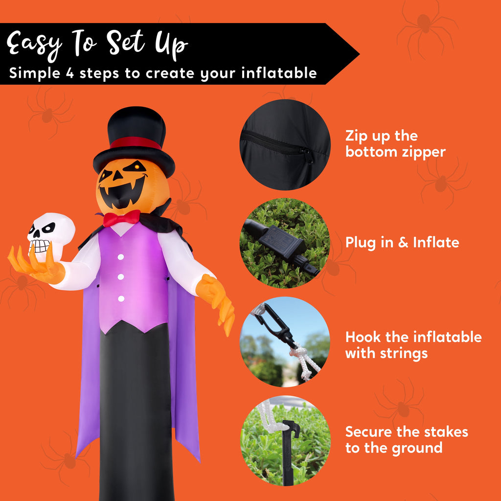 Joyfy 9 ft Halloween Inflatables Pumpkin Skeleton Decorations with Built-in LED Lights,Large Blow Up Decoration for Yard Lawn Garden Indoor Outdoor, Pumpkin Skeleton Inflatable Decoration