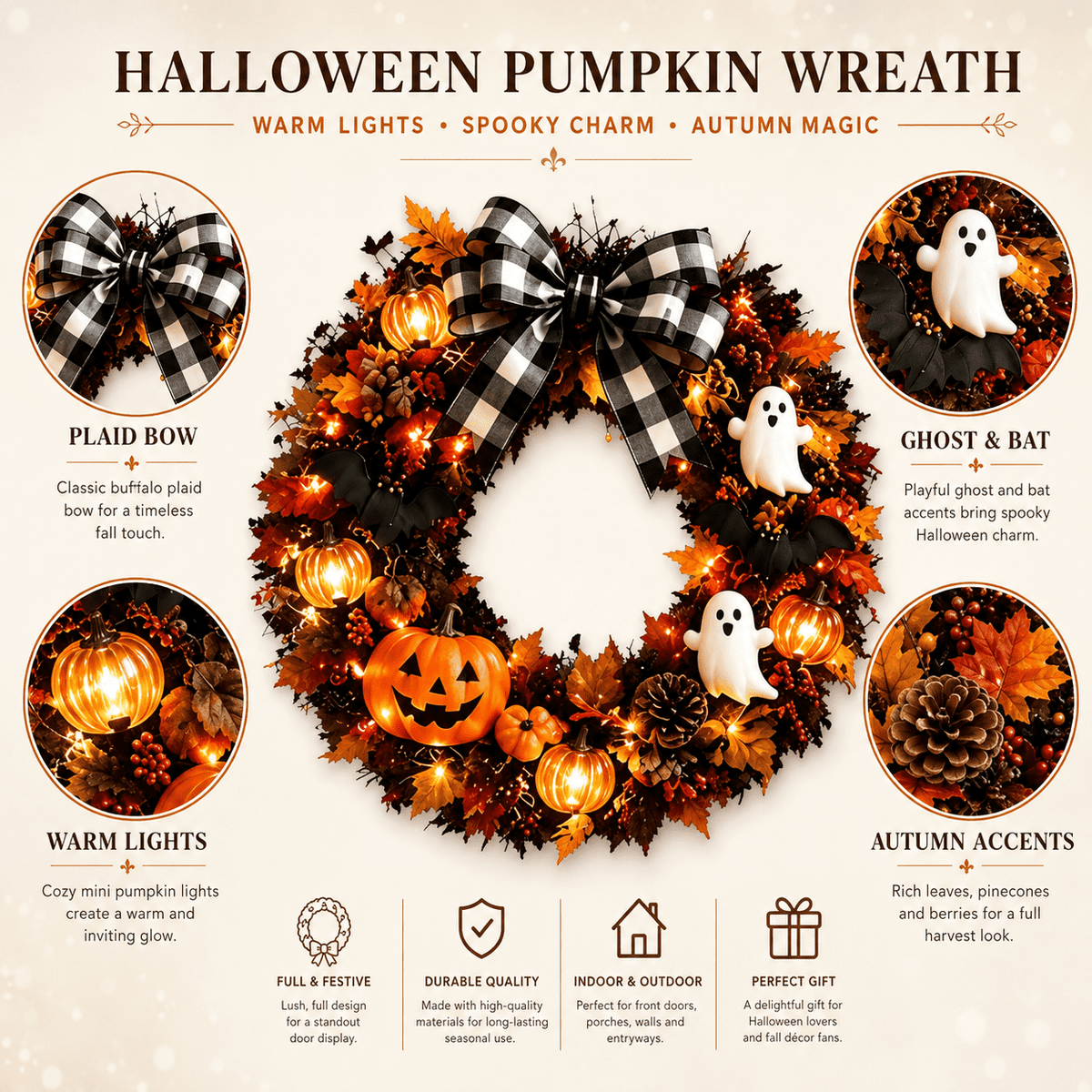Halloween Pumpkin Ghost Wreath with Lights, 14 Inch Front Door Hanging Decor with Pumpkin, Ghost, Bat and Spiderweb, Indoor Outdoor Party Wall Decoration