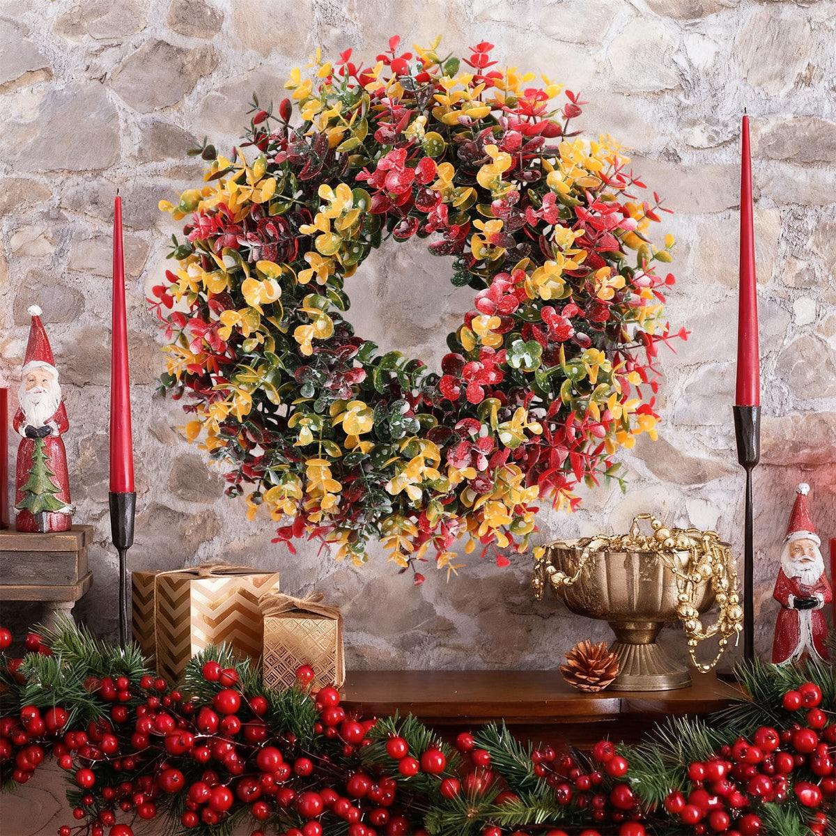 Btomtd 15" Handcrafted Rattan Wreath for Christmas Decoration, Versatile Hanging Wreath for Door Wall or Window, Mall Display Garland, Thanksgiving Halloween Wreaths, A