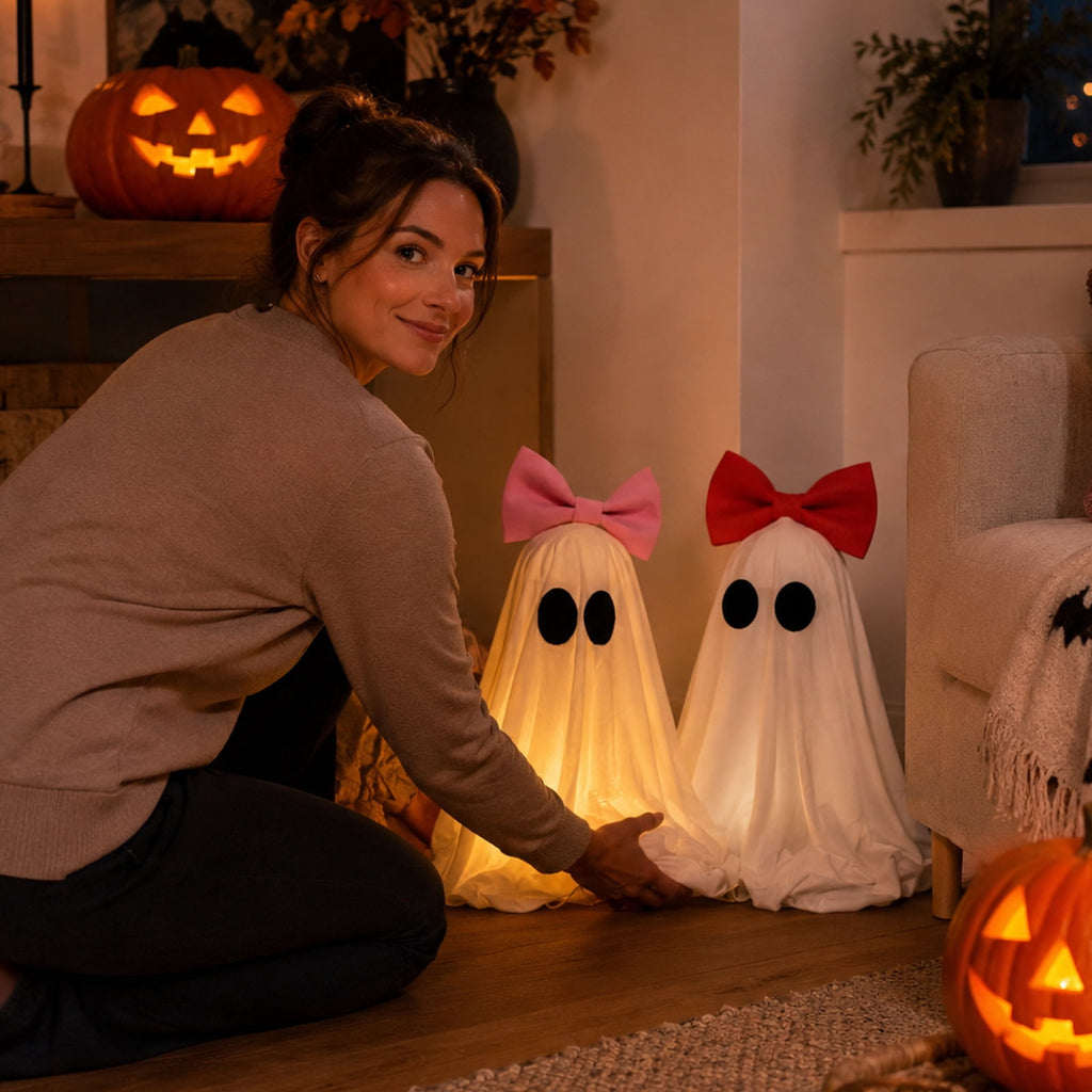 Halloween Decorations Indoor Light Up Ghosts with Bow, Easy to Assemble Light Up Spooky Ghosts Decoration Halloween Party Decorations for Porch Yard Mantel Home