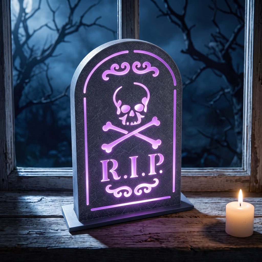 AURIGATE Lit Halloween Tombstone Decoration, Resin Light Up Tombstone with Skeleton Hands, for Tabletop Mantel Spooky Party Decor