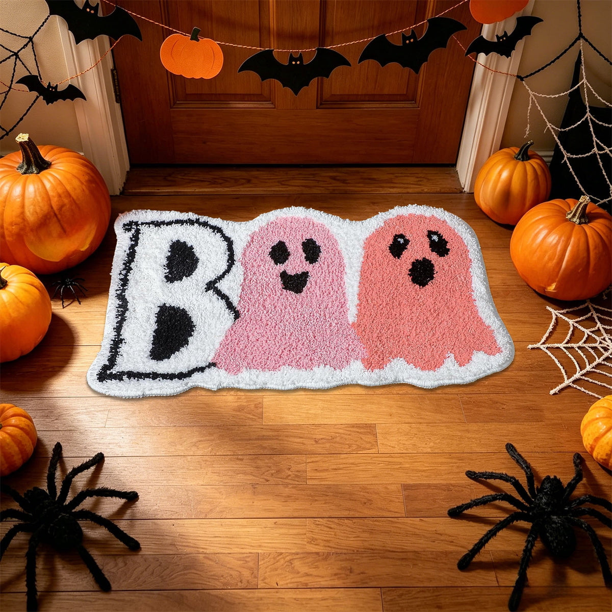 Halloween Heart Print Doormat 60x40cm, Black Orange Spooky Entry Mat for Front Door, Non-Slip Indoor Outdoor Rug