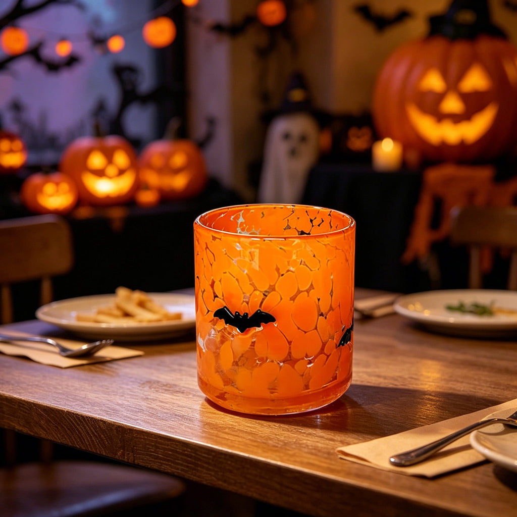 Qocolcyl Halloween Icon Glass Cups - 3.5x4.7in Ghost Bat Snake Pumpkin Icon Juice Stemless Wine Glasses Double Old Fashioned Hand Blown Drinking Cups for Halloween Party Gift