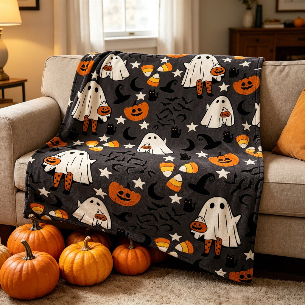 Halloween blanket,Halloween Print Throw Blanket Flannel Soft Cozy Decorative Nap Blanket with Ghost Pumpkin Skull for Office Bedroom Sofa Camping Travel(100x150cm/39x59 Inch),Black