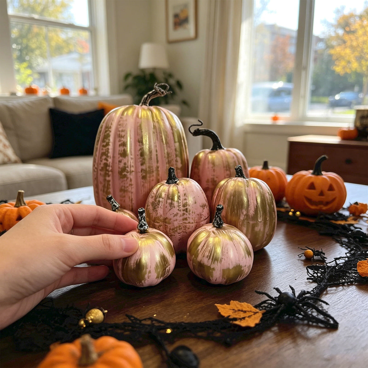 7 Pc Artificial Pumpkin Set Fall Halloween Decor, Rustic Harvest Thanksgiving Table Centerpiece for Home Farmhouse Kitchen Display