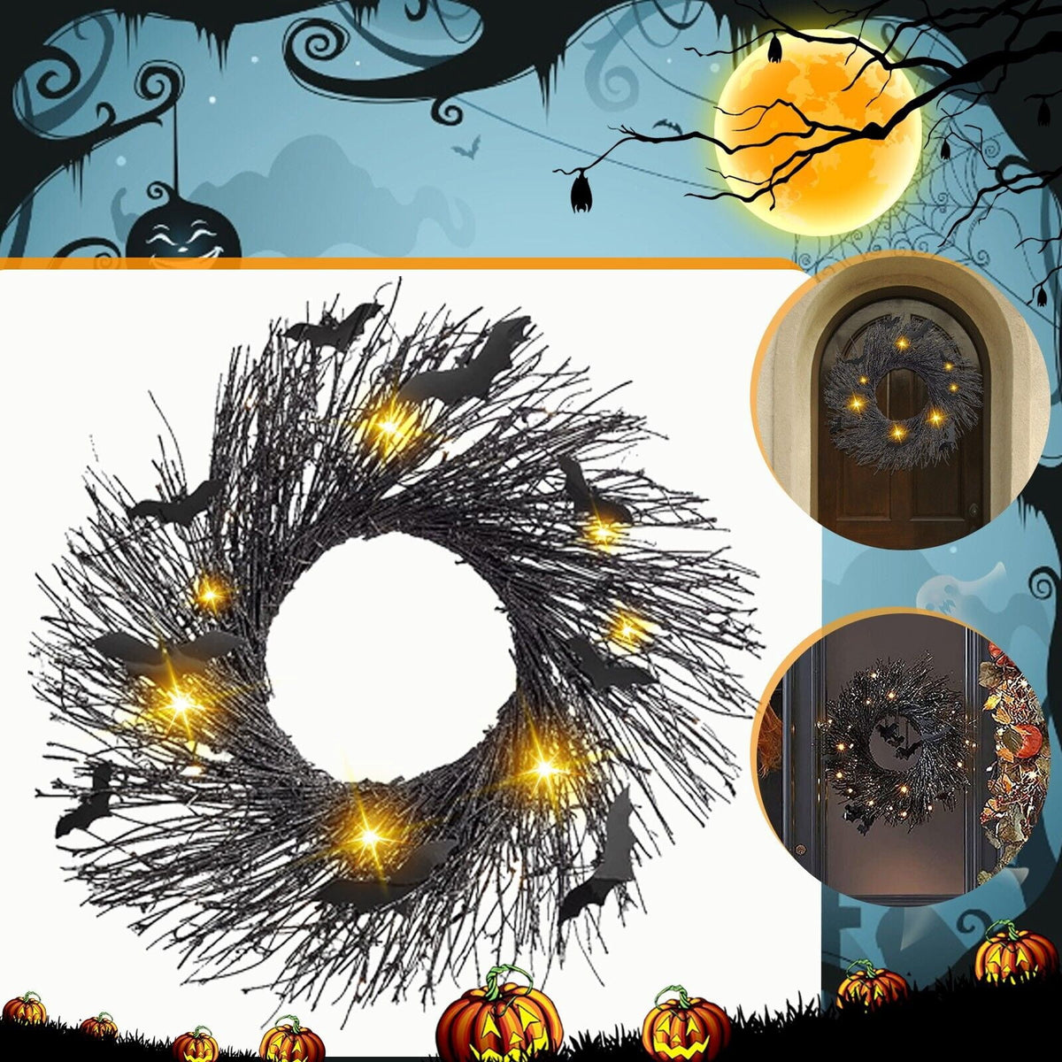 21.6" Illuminated Halloween Garland Wreath for Front Door Decor Lit Garland Black Bat Garland