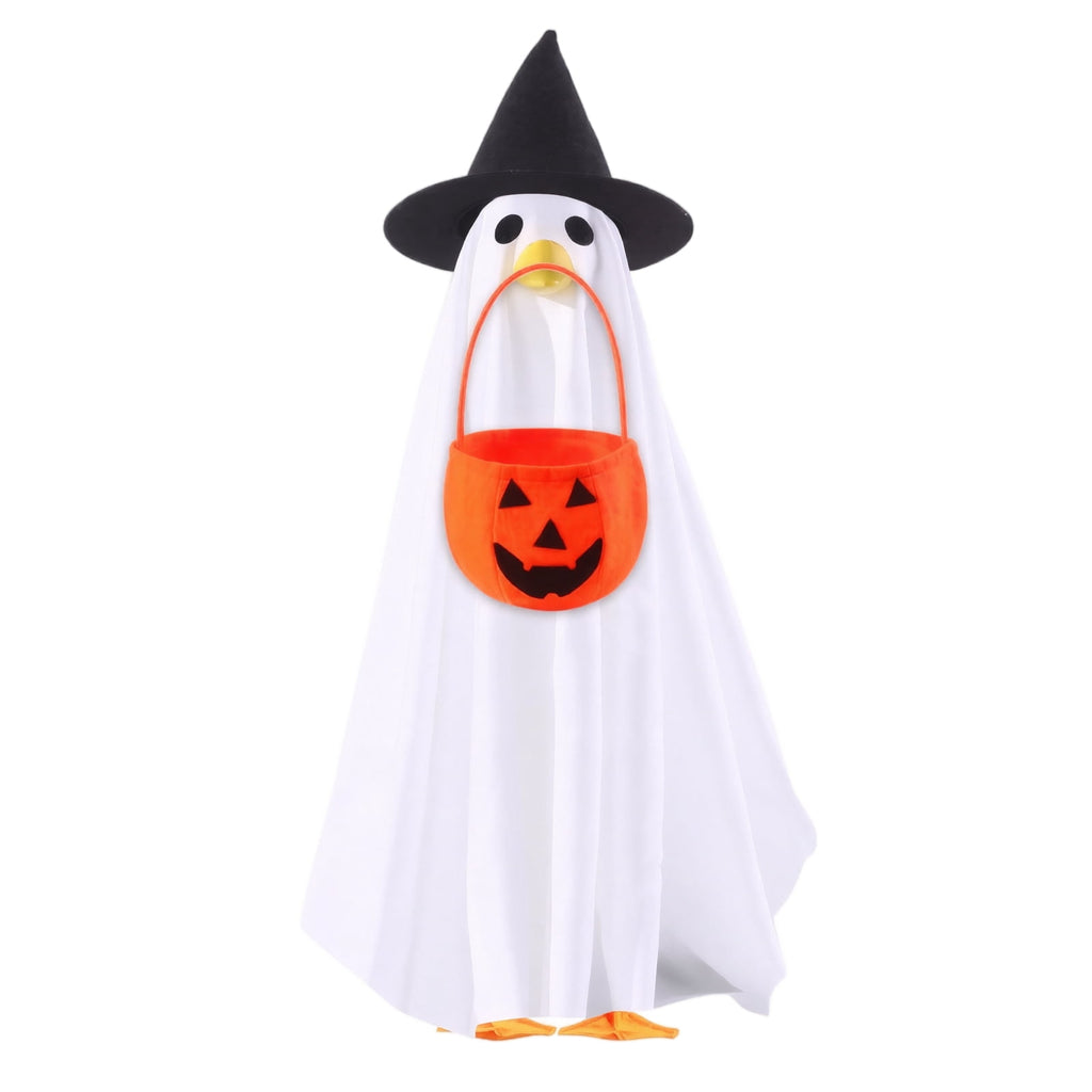 Halloween Ghost Porch Goose Outfit Fits 23 Inch Cement Lawn Goose Statue Pumpkin Face Ghost Costume with Matching Witch Hat for Fall Outdoor Garden Yard Patio Holiday Decor