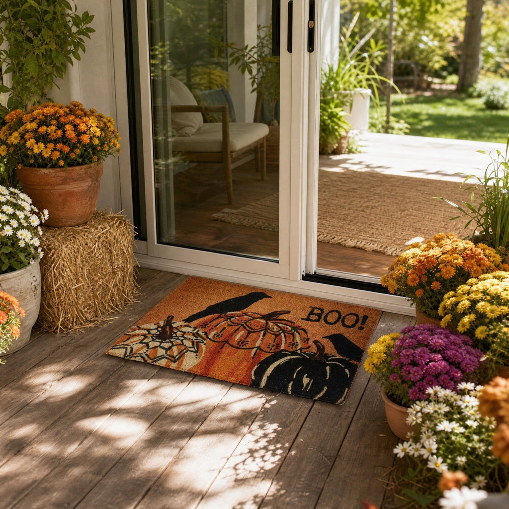 Halloween Pumpkin Crow Coir Doormat 23.6x15.7 Inch Fall Front Porch Welcome Mat Non Slip Seasonal Entryway Decor for Home Indoor Outdoor Display