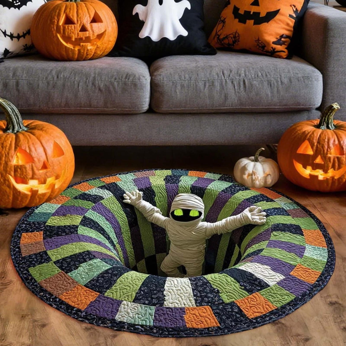 Win s Way 3D Illusion Round Halloween Rug Optical Illusion Doormat Non- Washable Entryway Decor Spooky Fall Front Door Mat for Party Decoration Available in 15.8/23.6/31.5 Inch