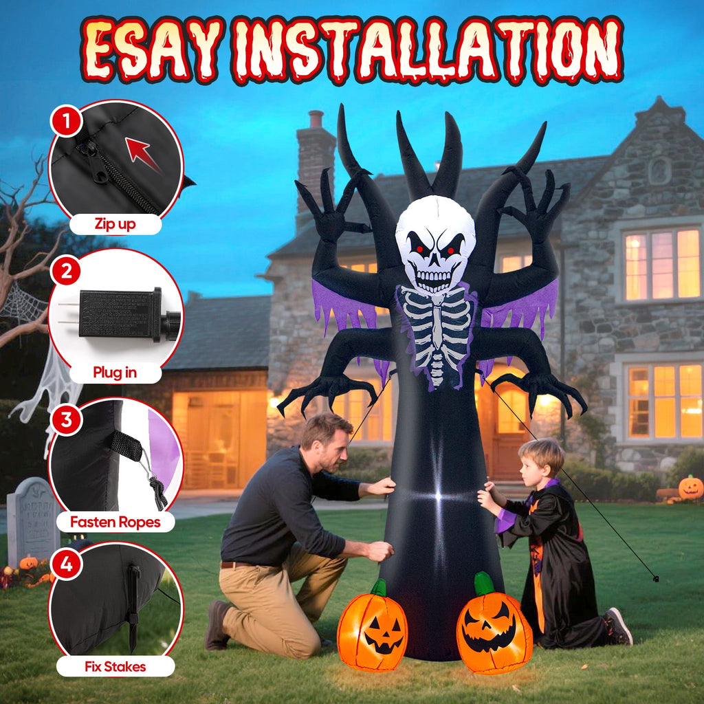 Toiyjofe 8ft Halloween Inflatable Skeleton Tree with LED Lights, Spooky Lighted Outdoor Yard Decoration with Grim Reaper & Pumpkins