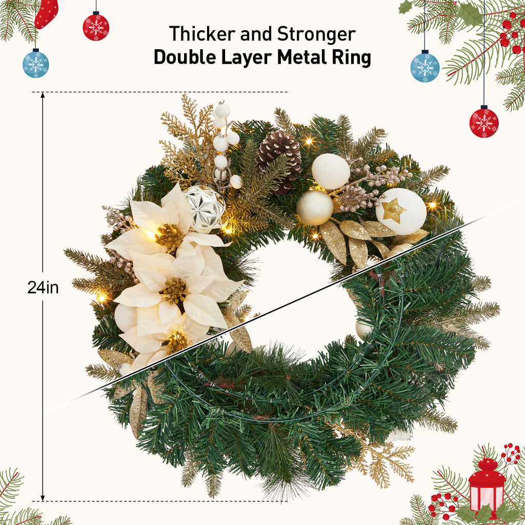 JoanKaren 24 inch Large Christmas Wreath Silver White with 20 LED Lights,Prelit Xmas Wreath w/ Ball Ornaments Pine Cone